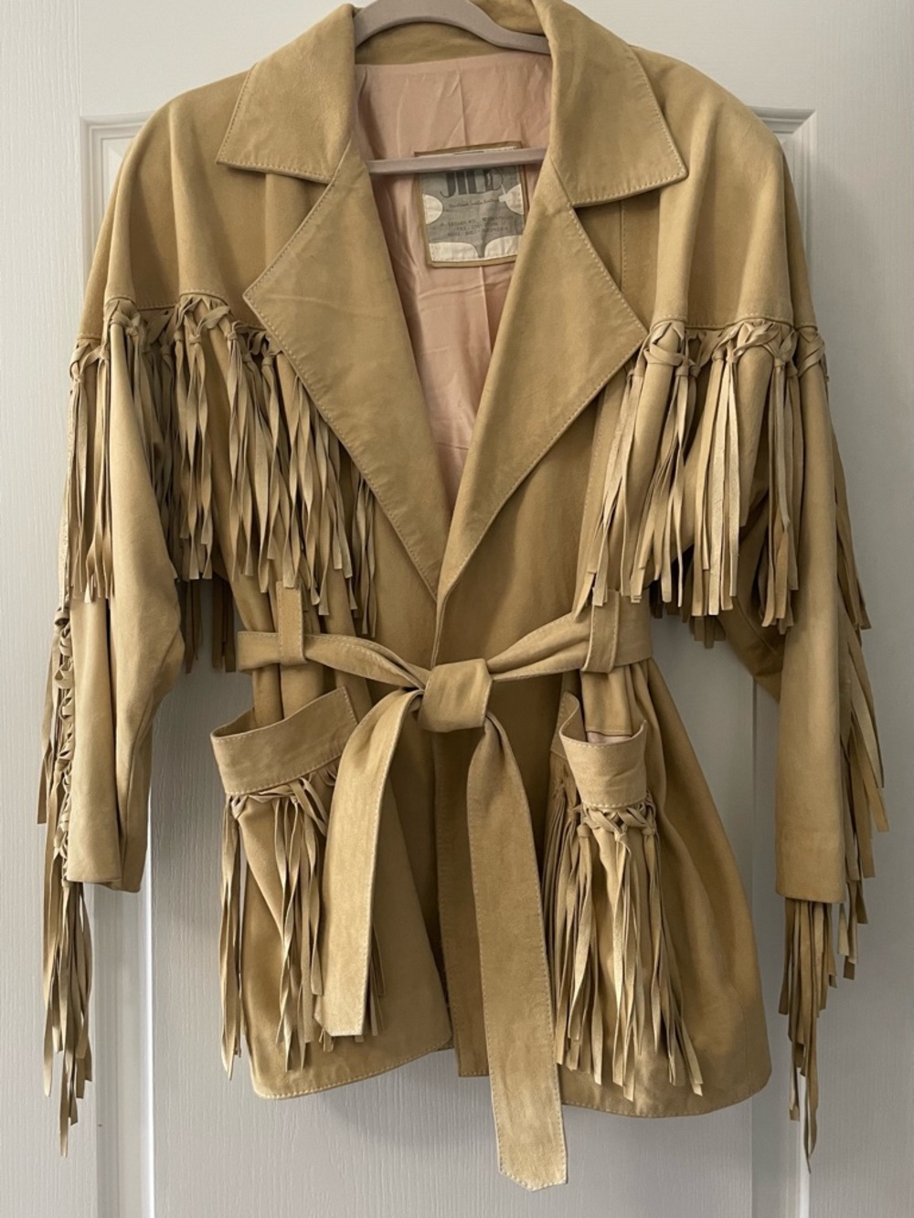 Fringed Suede Belted Jacket in Tan - Picture 3 of 4